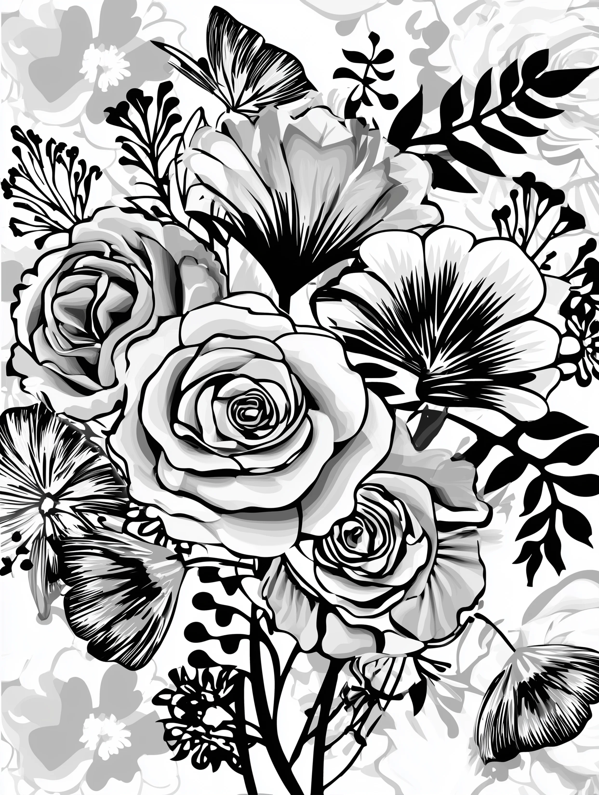 Free printable rose coloring page for adults featuring roses grouped together